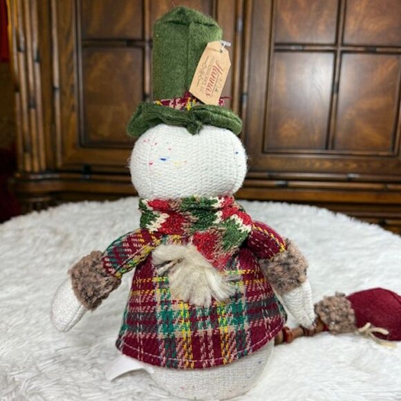 Vintage Hanna's Handiworks Plaid Coat Posing Arms Wood Bead Legs Sitting Snowman - Picture 5 of 14